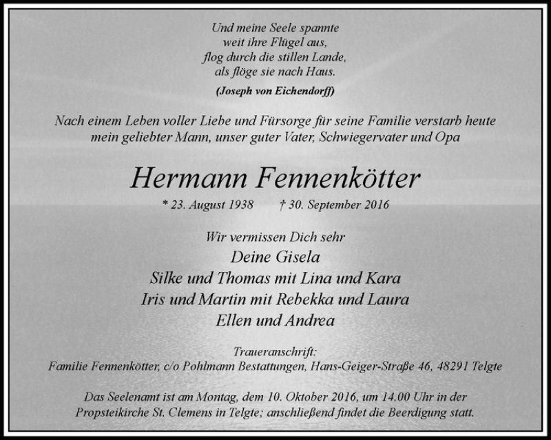  Traueranzeige für Hermann Fennenkötter vom 05.10.2016 aus Westfälische Nachrichten