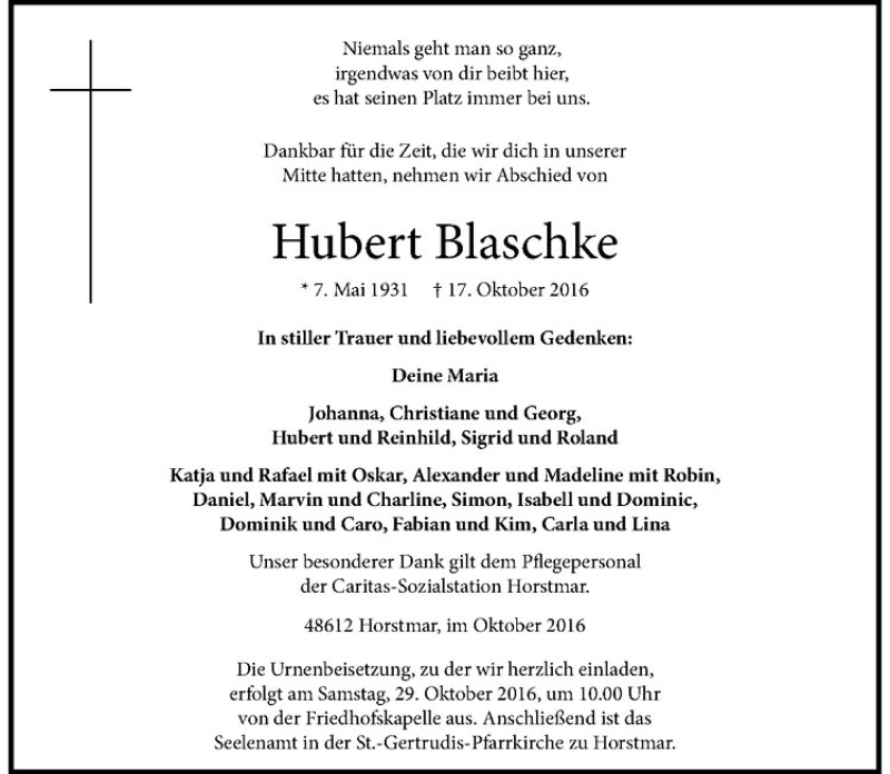  Traueranzeige für Hubert Blaschke vom 22.10.2016 aus Westfälische Nachrichten