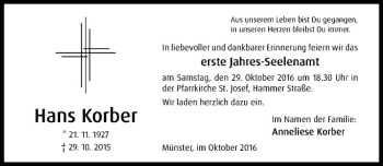 Anzeige von Hans Korber von Westfälische Nachrichten