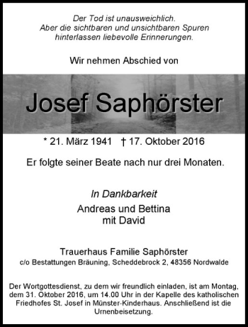 Anzeige von Josef Saphörster von Westfälische Nachrichten
