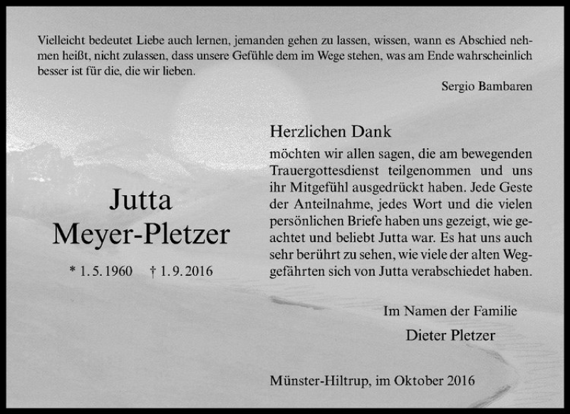  Traueranzeige für Jutta Meyer-Pletzer vom 12.10.2016 aus Westfälische Nachrichten