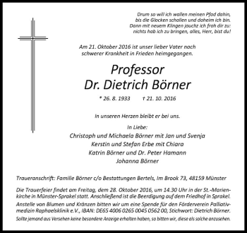Anzeige von Dietrich Börner von Westfälische Nachrichten
