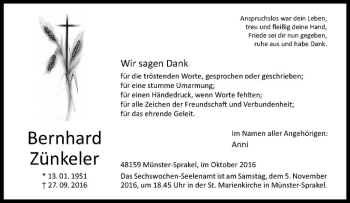 Anzeige von Bernhard Zünkeler von Westfälische Nachrichten