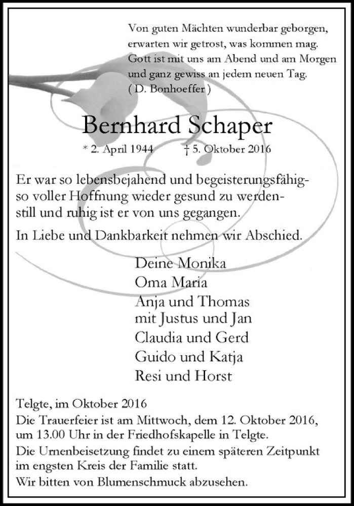  Traueranzeige für Bernhard Schaper vom 08.10.2016 aus Westfälische Nachrichten