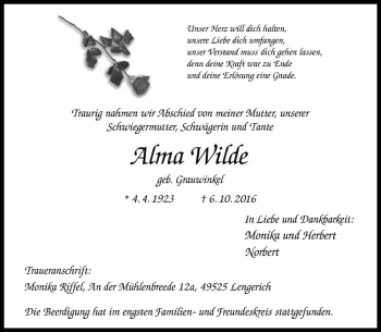 Anzeige von Alma Wilde von Westfälische Nachrichten