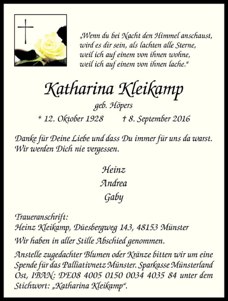  Traueranzeige für Katharina Kleikamp vom 01.10.2016 aus Westfälische Nachrichten