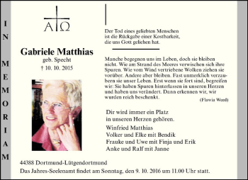 Anzeige von Gabriele Matthias von Westfälische Nachrichten