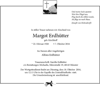 Anzeige von Margot Erdhütter von Westfälische Nachrichten