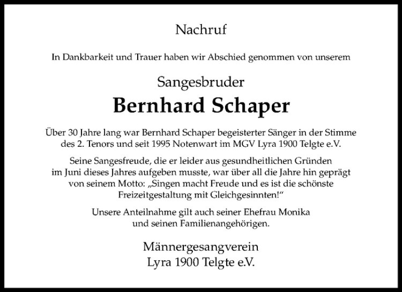  Traueranzeige für Bernhard Schaper vom 27.10.2016 aus Westfälische Nachrichten