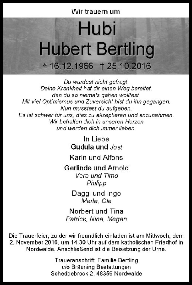  Traueranzeige für Hubert Bertling vom 29.10.2016 aus Westfälische Nachrichten