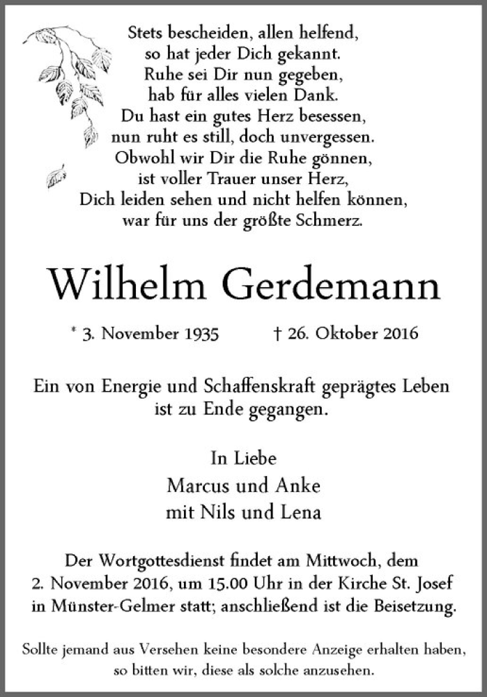 Traueranzeige für Wilhelm Gerdemann vom 31.10.2016 aus Westfälische Nachrichten