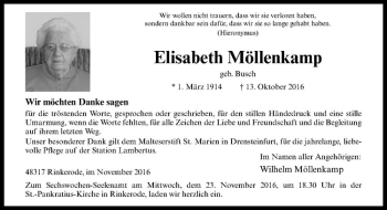 Anzeige von Elisabeth Möllenkamp von Westfälische Nachrichten