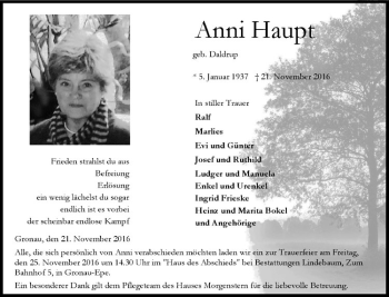 Anzeige von Anni Haupt von Westfälische Nachrichten