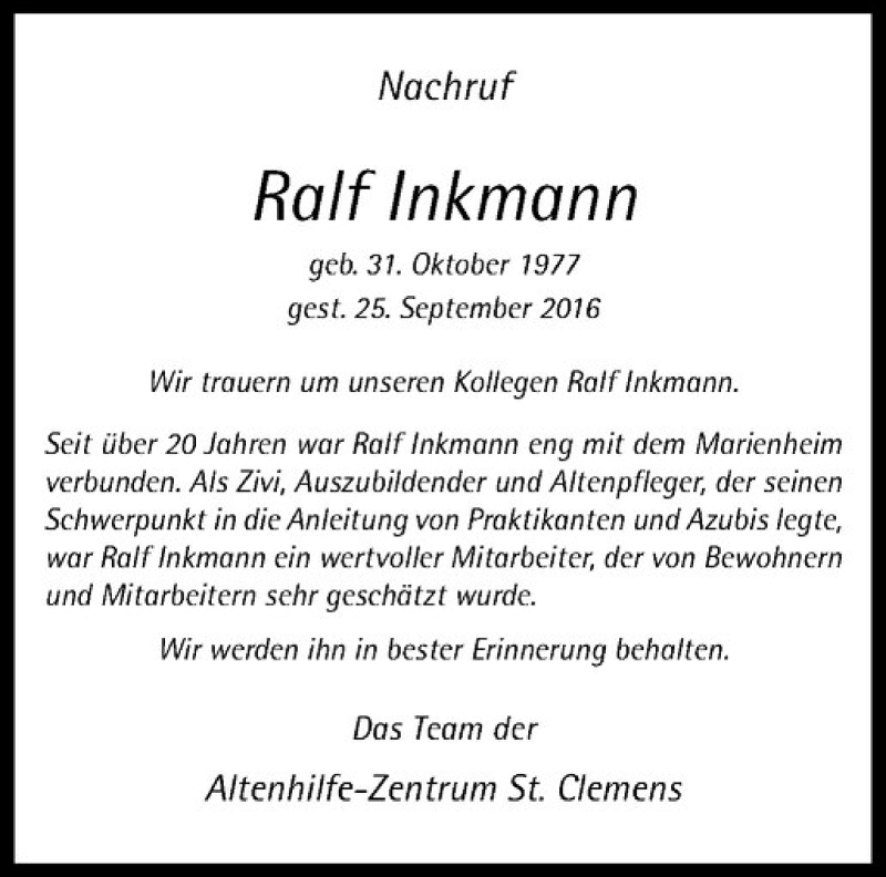 Traueranzeige für Ralf Inkmann vom 08.10.2016 aus Westfälische Nachrichten