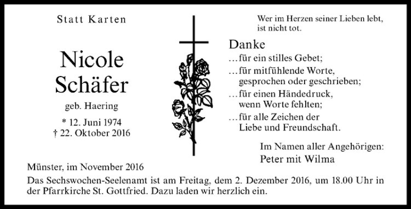  Traueranzeige für Nicole Schäfer vom 30.11.2016 aus Westfälische Nachrichten