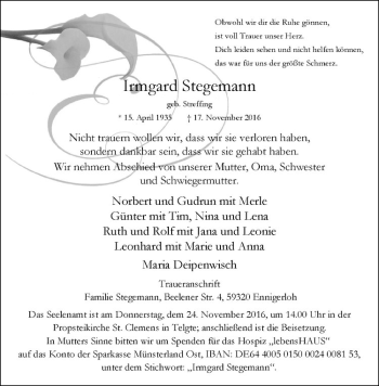 Anzeige von Irmgard Stegemann von Westfälische Nachrichten