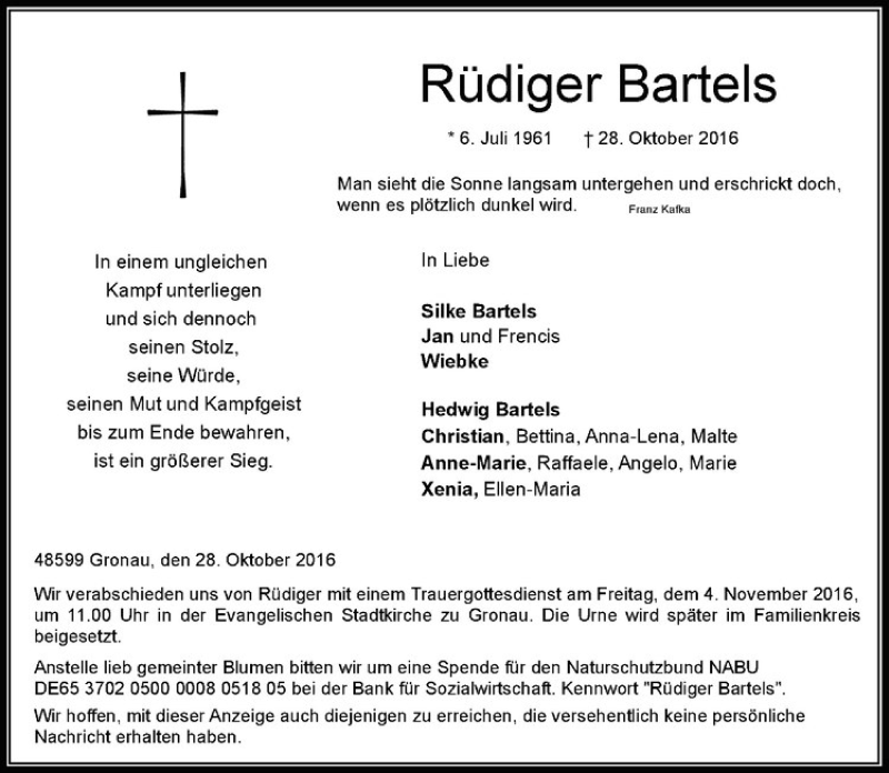  Traueranzeige für Rüdiger Bartels vom 01.11.2016 aus Westfälische Nachrichten