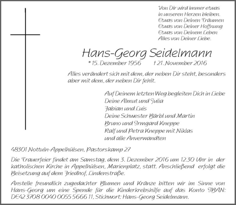 Traueranzeige für Hans-Georg Seidelmann vom 26.11.2016 aus Westfälische Nachrichten