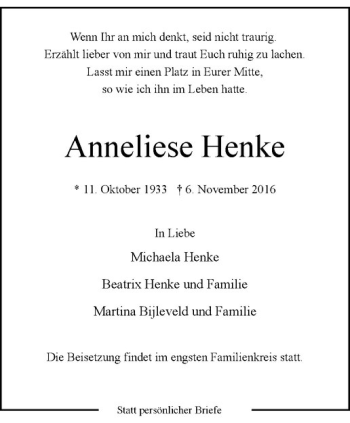 Anzeige von Anneliese Henke von Westfälische Nachrichten