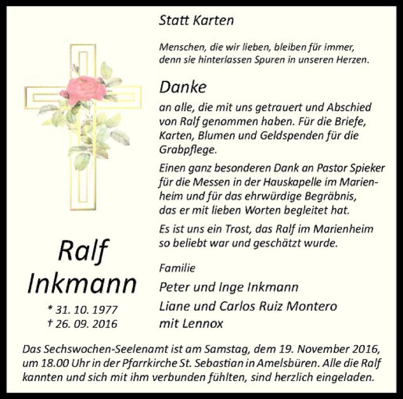  Traueranzeige für Ralf Inkmann vom 12.11.2016 aus Westfälische Nachrichten