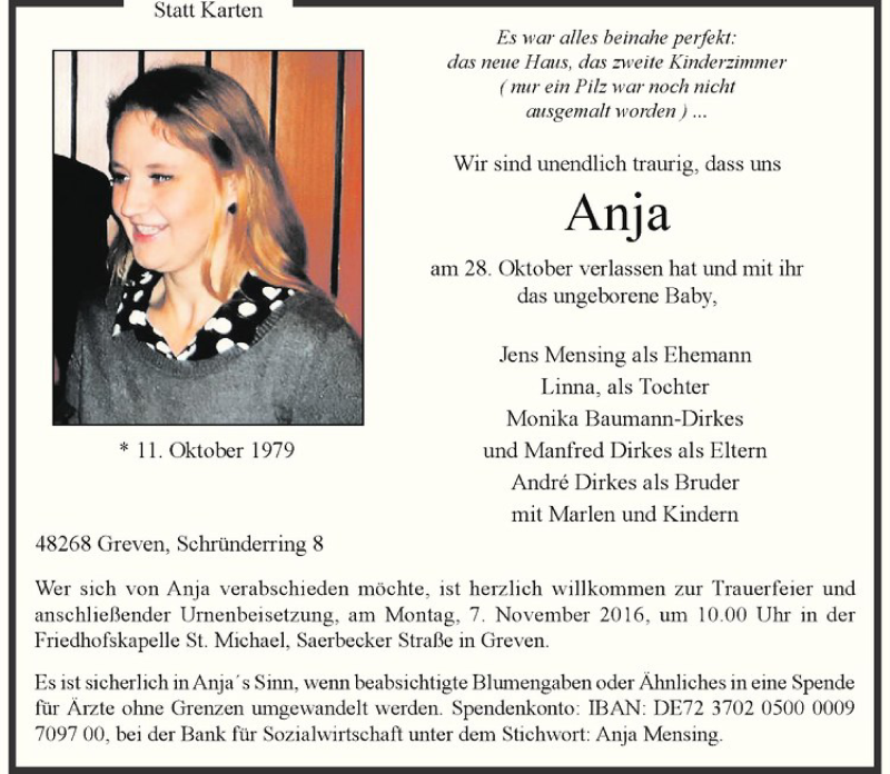  Traueranzeige für Anja Mensing vom 05.11.2016 aus Westfälische Nachrichten