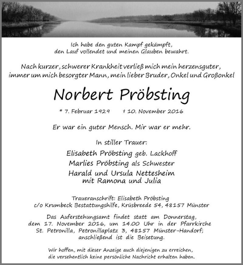  Traueranzeige für Norbert Pröbsting vom 15.11.2016 aus Westfälische Nachrichten