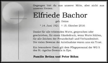 Anzeige von Elfriede Bachor von Westfälische Nachrichten
