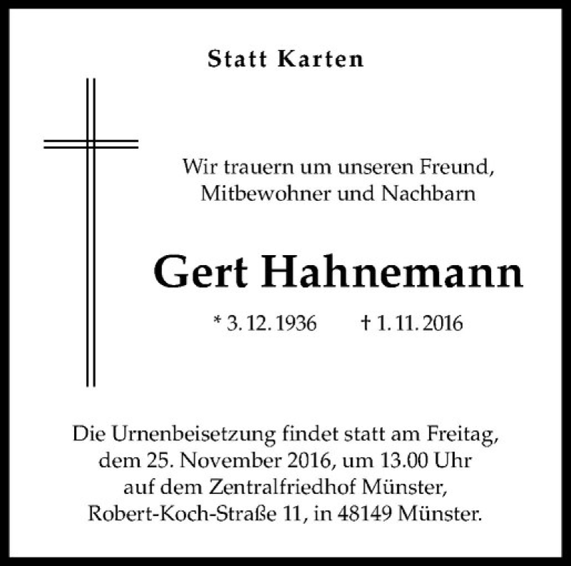  Traueranzeige für Gert Hahnemann vom 24.11.2016 aus Westfälische Nachrichten