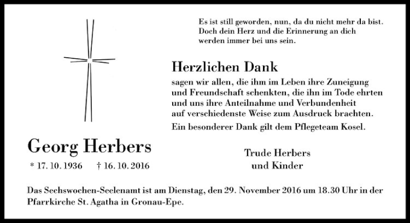  Traueranzeige für Georg Herbers vom 23.11.2016 aus Westfälische Nachrichten