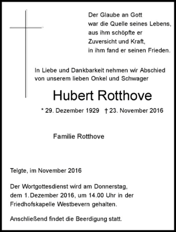 Anzeige von Hubert Rotthove von Westfälische Nachrichten
