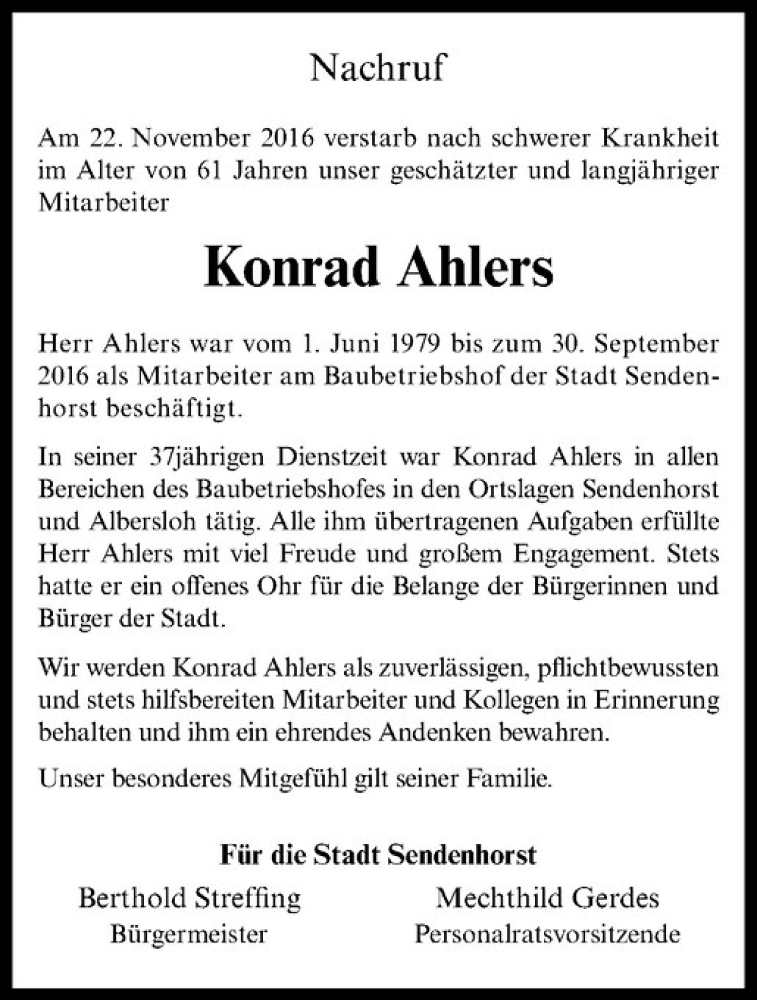  Traueranzeige für Konrad Ahlers vom 26.11.2016 aus Westfälische Nachrichten