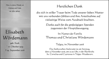 Anzeige von Elisabeth Wördemann von Westfälische Nachrichten