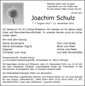 Anzeige von Joachim Schulz von Westfälische Nachrichten
