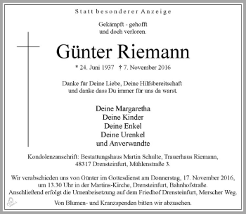 Anzeige von Günter Riemann von Westfälische Nachrichten