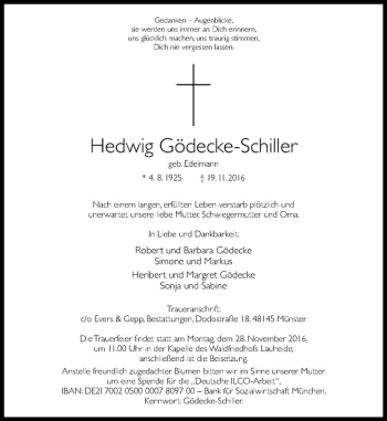 Anzeige von Hedwig Gödecke-Schiller von Westfälische Nachrichten