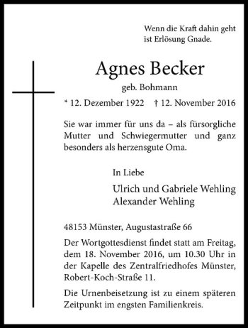Anzeige von Agnes Becker von Westfälische Nachrichten