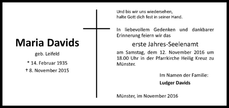  Traueranzeige für Maria Davids vom 05.11.2016 aus Westfälische Nachrichten