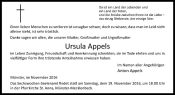 Anzeige von Ursula Appels von Westfälische Nachrichten