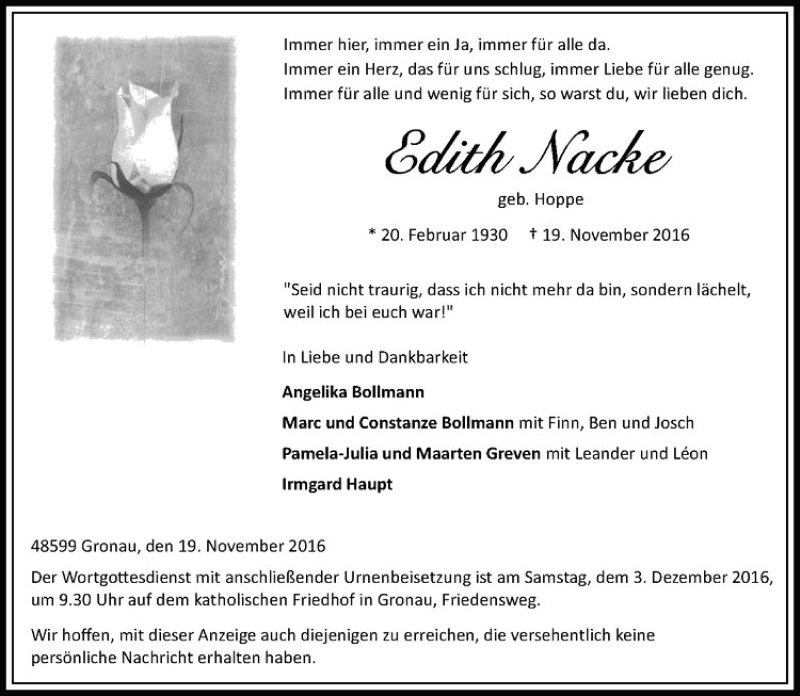  Traueranzeige für Edith Nacke vom 26.11.2016 aus Westfälische Nachrichten