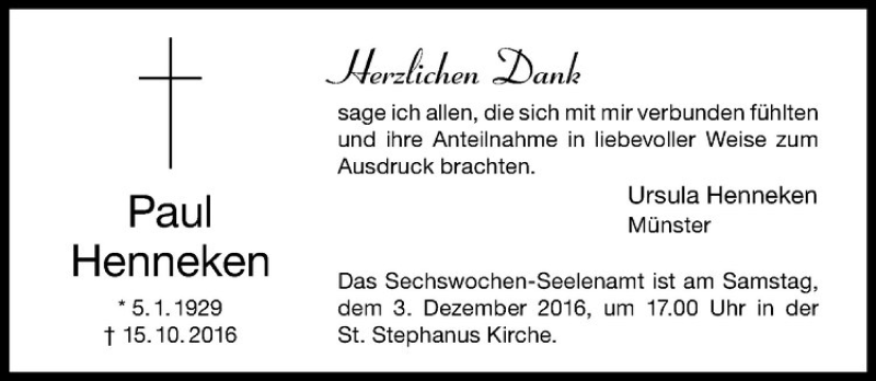  Traueranzeige für Paul Henneken vom 24.11.2016 aus Westfälische Nachrichten