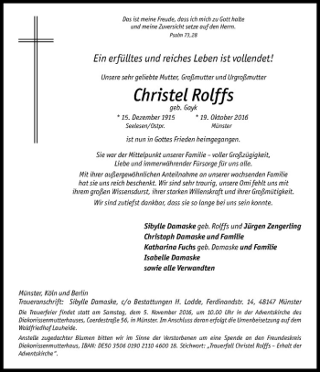 Anzeige von Christel Rolffs von Westfälische Nachrichten