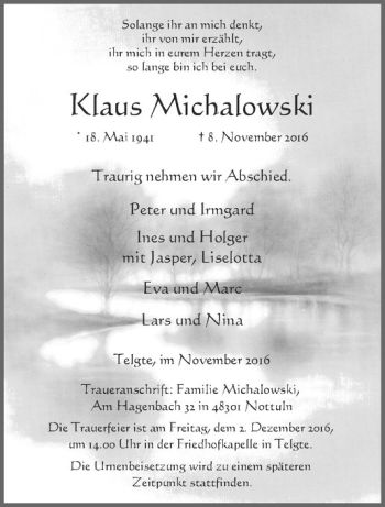Anzeige von Klaus Michalowski von Westfälische Nachrichten