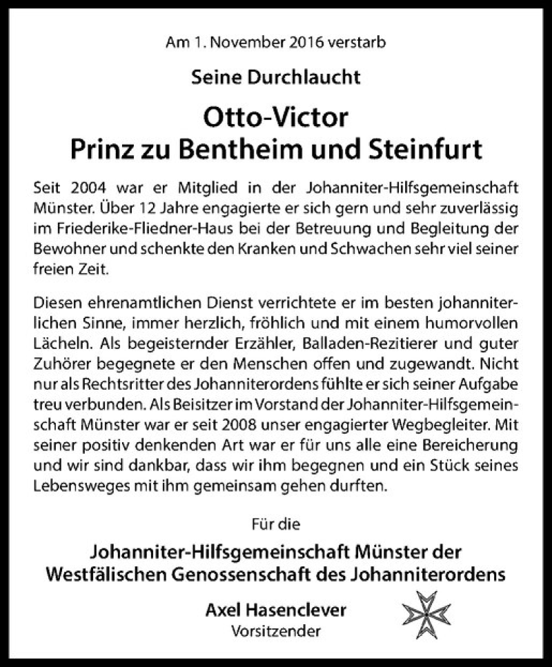  Traueranzeige für Otto-Victor Prinz zu Bentheim und Steinfurt vom 05.11.2016 aus Westfälische Nachrichten