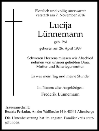 Anzeige von Lucija Lünnemann von Westfälische Nachrichten
