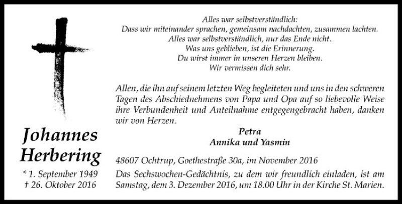  Traueranzeige für Johannes Herbering vom 30.11.2016 aus Westfälische Nachrichten