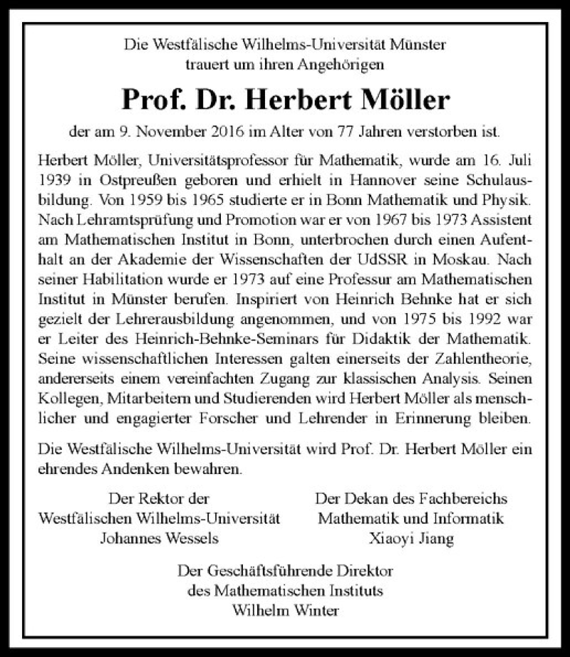  Traueranzeige für Herbert Möller vom 19.11.2016 aus Westfälische Nachrichten