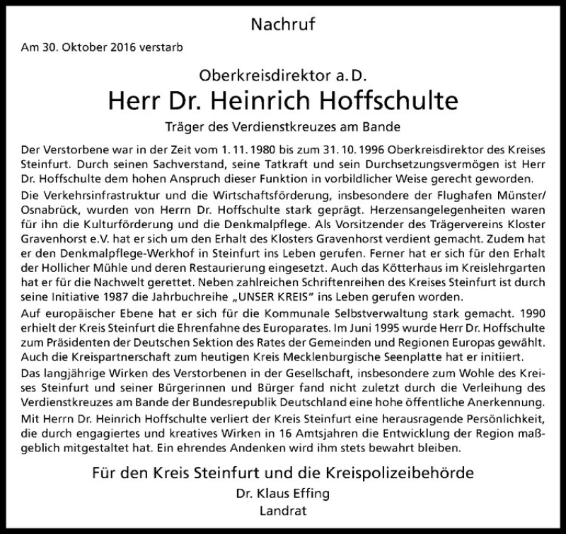  Traueranzeige für Heinrich Hoffschulte vom 04.11.2016 aus Westfälische Nachrichten