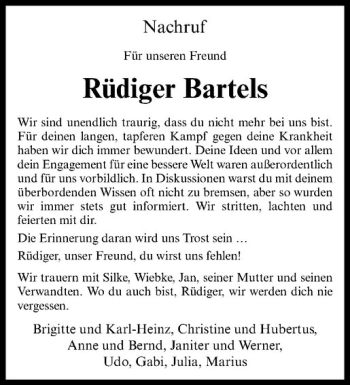 Anzeige von Rüdiger Bartels von Westfälische Nachrichten