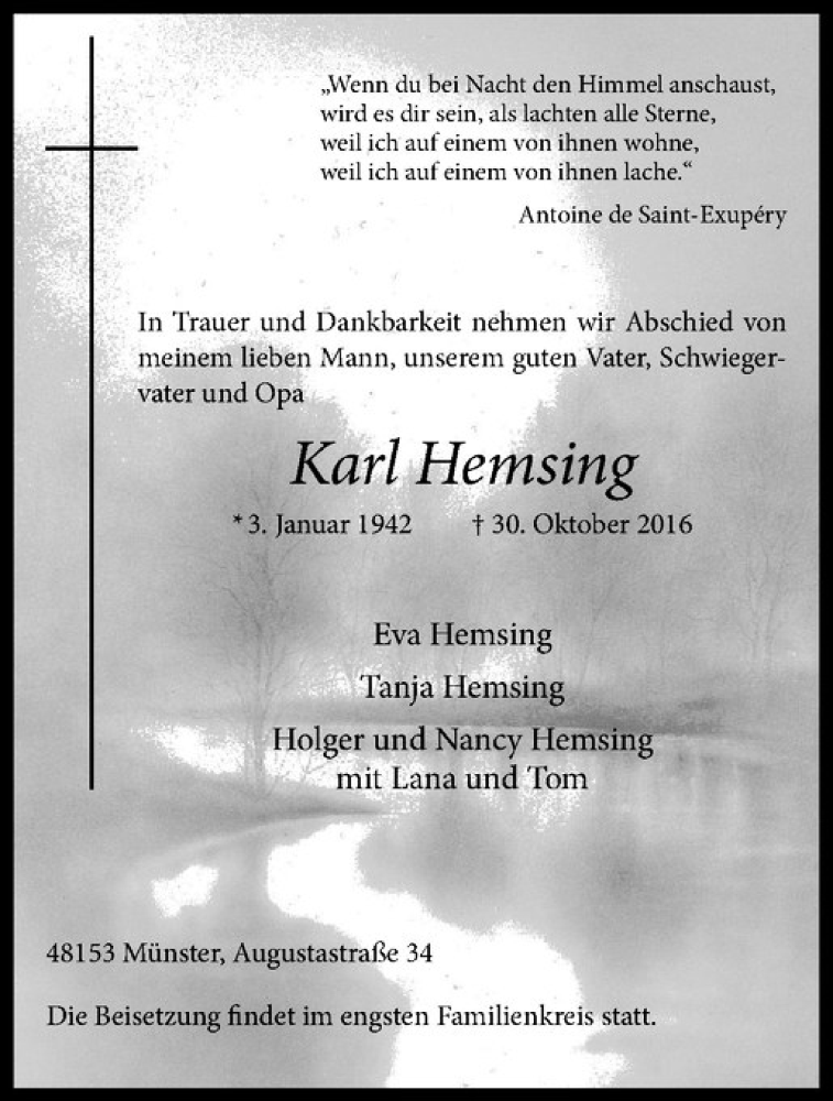  Traueranzeige für Karl Hemsing vom 01.11.2016 aus Westfälische Nachrichten