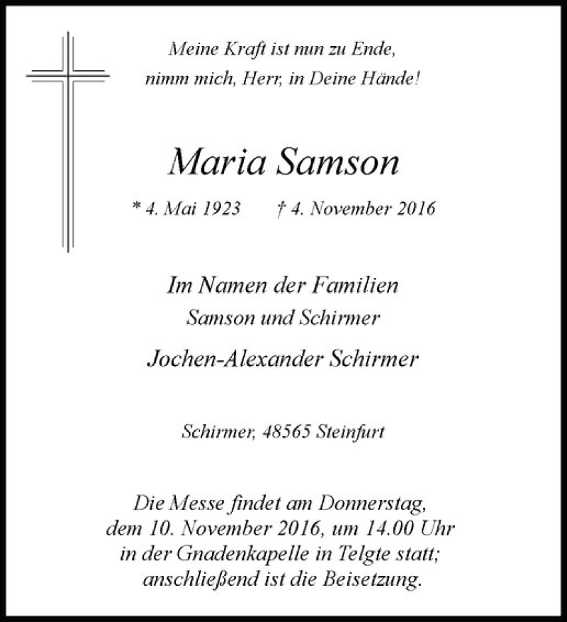  Traueranzeige für Maria Samson vom 08.11.2016 aus Westfälische Nachrichten